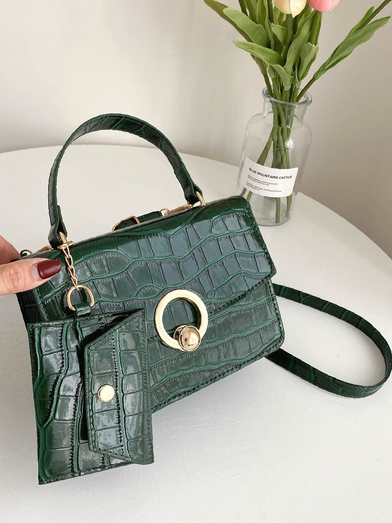 Crocodile Embossed Metal Decor Flap Square Bag with Coin Purse  - Women Satchels