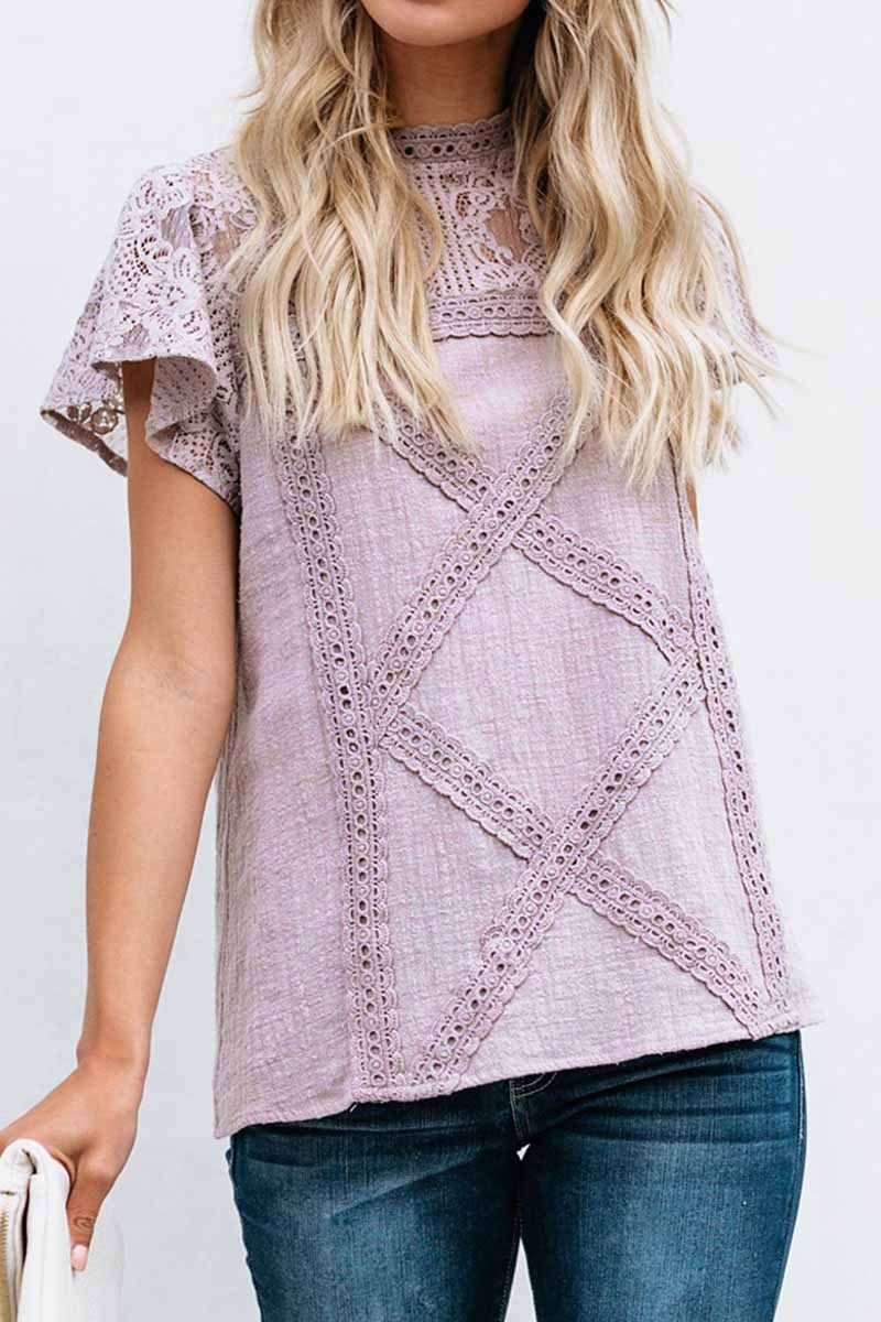 binfenxie Summer Geometric Stitching Lace Short Sleeves Tops (6 Colors)