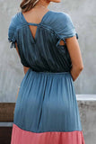 binfenxie Summer Loose Multicolor Stitching V-Neck Short Sleeves Midi Dress