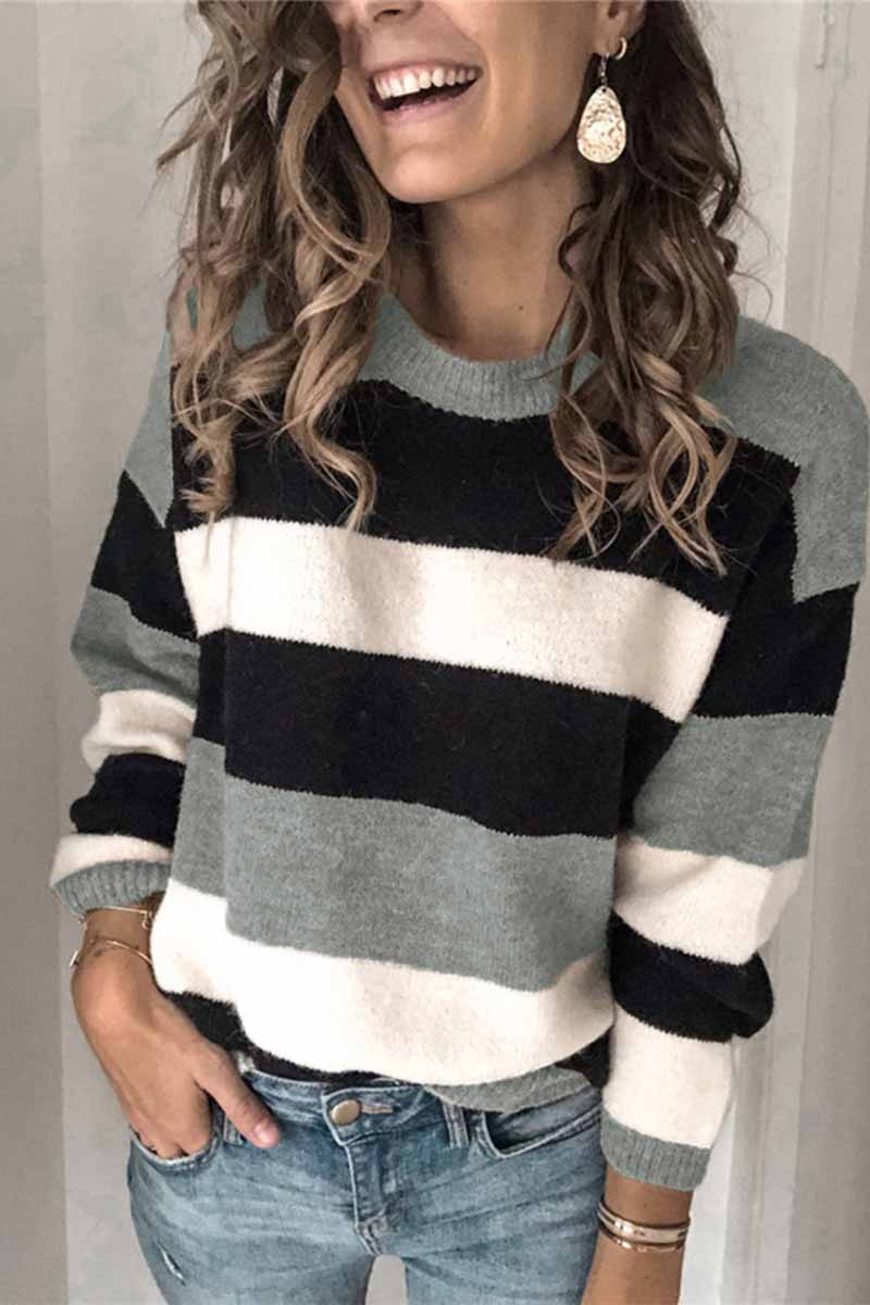 binfenxie Striped O-Neck Contrast Sweater(3 Colors)