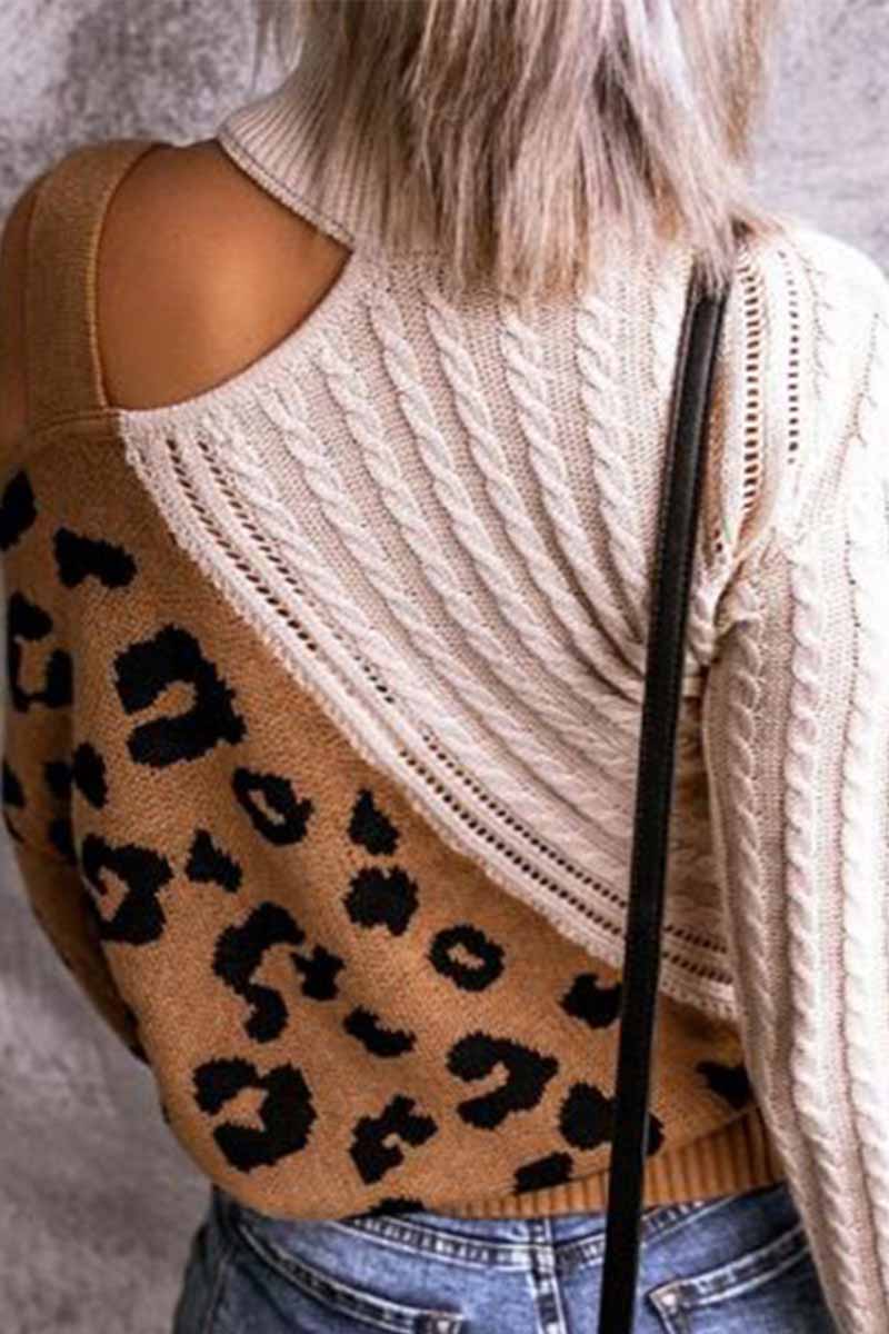 binfenxie Turtleneck Leopard Print Patchwork Cold Sweater