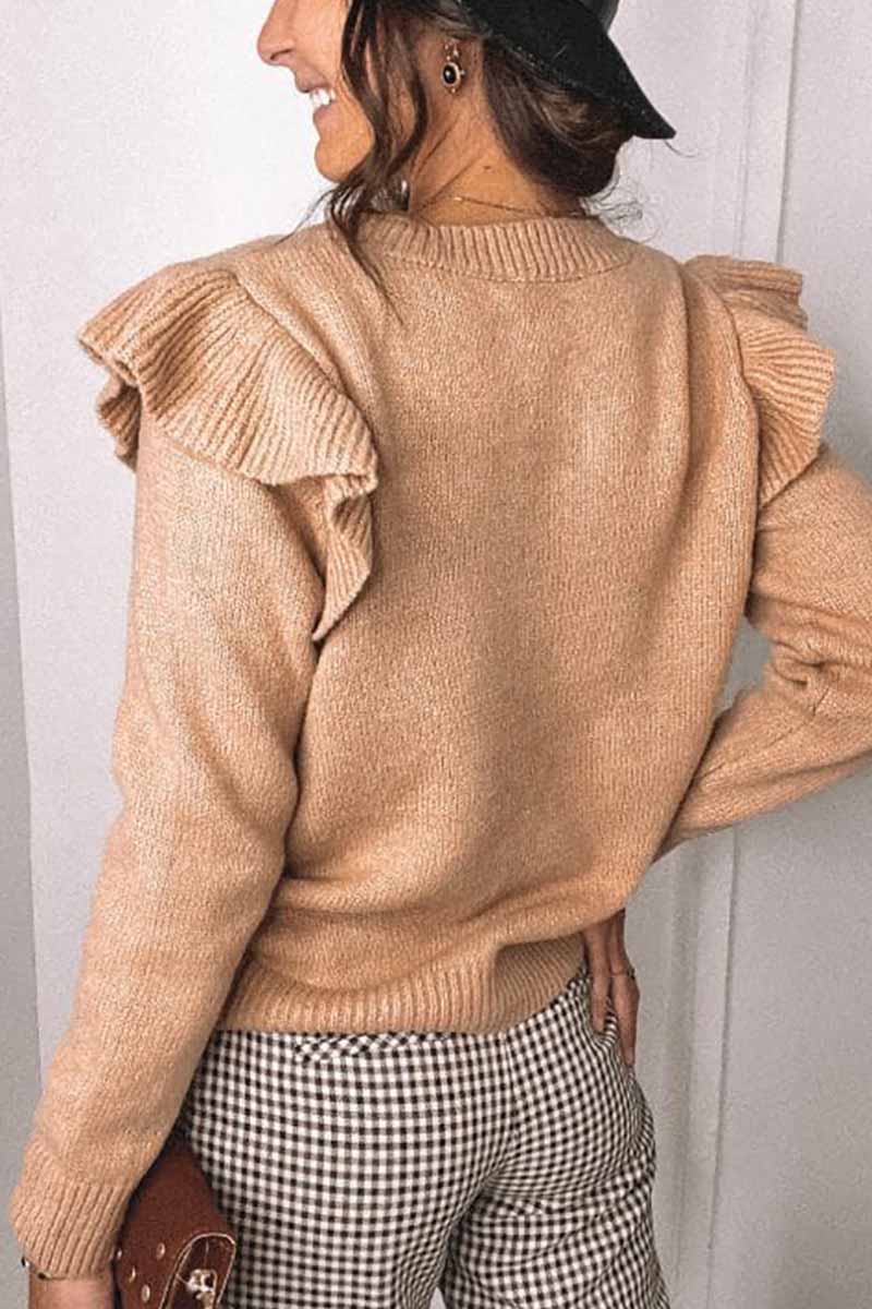 binfenxie Solid Color Ruffle Knitted Sweater